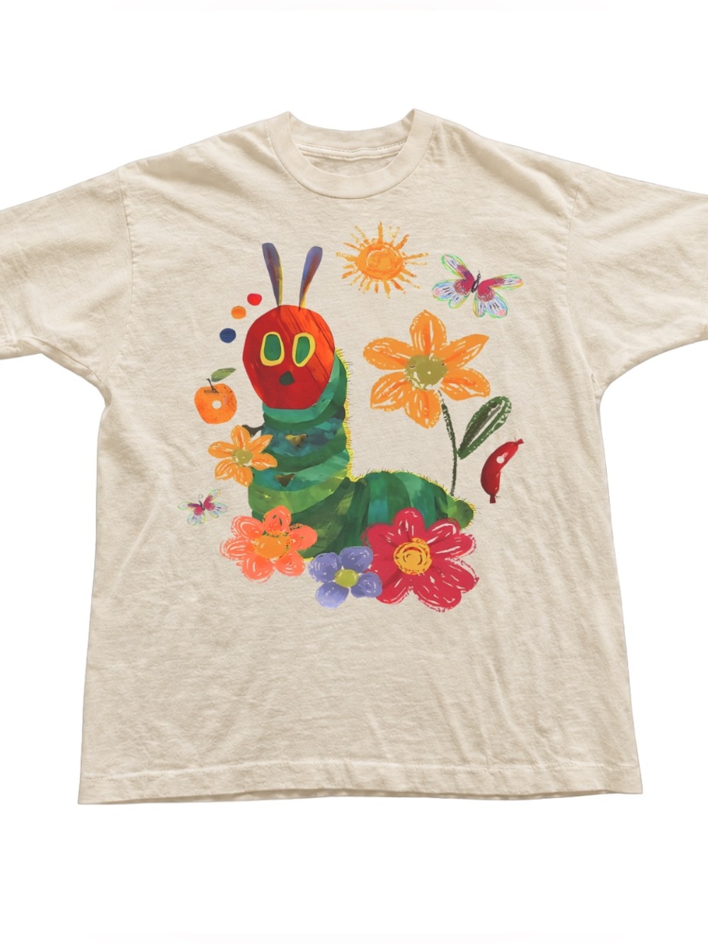 Off White Graphic Tee with Colorful Caterpillar & Flowers